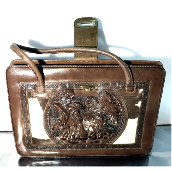 Vintage Hand Tooled Brown Leather / Calf Skin Purse Handbag, Mexico - Picture 3 of 9